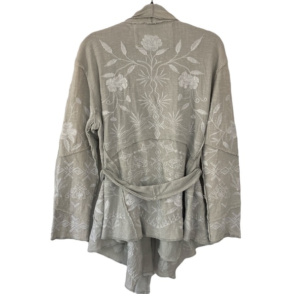Caite Anthro Belted Boho Cotton Cardigan Floral Embroidered Small Gray Jacket - Picture 5 of 5